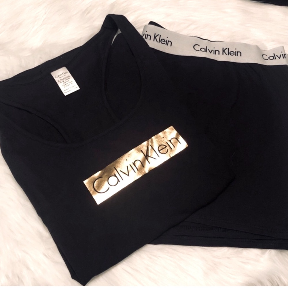 SET Calvin Klein Tank & Shorts pj Pajama Sleep Set in Black & Metallic Gold NWT - Picture 3 of 7